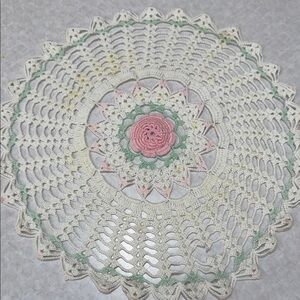 Crochet Doily with Pink and Green Accents vintage some light stains